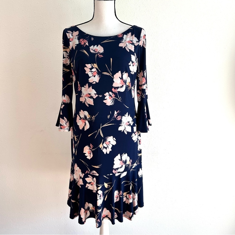 Eliza J Floral Dress Women's Size 10 Blue Scoop Back 3/4 Sleeve Back Zipper